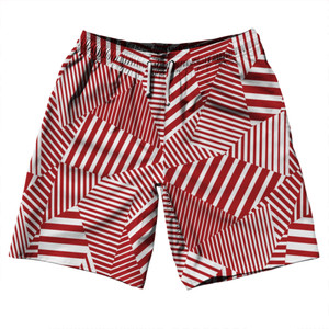 Multiple Lines Pattern 10" Swim Shorts Made in USA - Red Dark and White
