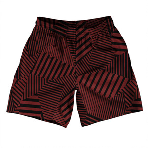 Multiple Lines Pattern Athletic Running Fitness Exercise Shorts 7" Inseam Shorts Made In USA - Red Maroon and Black Multiple Lines Pattern Athletic Running Fitness Exercise Shorts 7" Inseam Shorts Made In USA - Red Maroon and Black