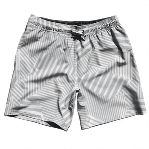 Multiple Lines Pattern Swim Shorts 7" Made in USA - Grey Medium and White Multiple Lines Pattern Swim Shorts 7" Made in USA - Grey Medium and White