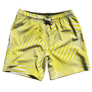 Multiple Lines Pattern Swim Shorts 7" Made in USA - Yellow Bright and White Multiple Lines Pattern Swim Shorts 7" Made in USA - Yellow Bright and White