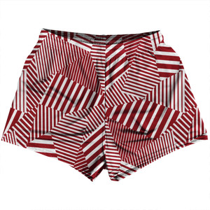 Multiple Lines Pattern Womens & Girls Sport Shorts End Made In USA - Red Cardinal and White 
