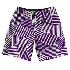 Multiple Lines Pattern 10" Swim Shorts Made in USA - Purple Medium and White Multiple Lines Pattern 10" Swim Shorts Made in USA - Purple Medium and White