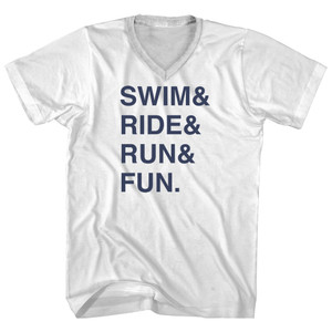 Swim& Ride& Run& Fun. Custom Name & Adult Cotton V-neck T-shirt - White