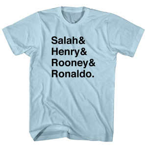 Salah, Henry, Rooney And Ronaldo Premier League Mount Rushmore Legends (Black Art) Adult Cotton T-shirt - Light Blue Salah, Henry, Rooney And Ronaldo Premier League Mount Rushmore Legends (Black Art) Adult Cotton T-shirt - Light Blue