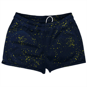 Splatter Shorty Short Gym Shorts 2.5" Inseam Made In USA - Blue Navy and Yellow Bright Splatter Shorty Short Gym Shorts 2.5" Inseam Made In USA - Blue Navy and Yellow Bright