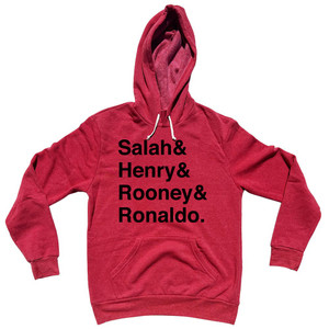 Salah, Henry, Rooney And Ronaldo English League Mount Rushmore Soccer Legends (Black Text) Cotton-Poly Blend Hoodie - Red Salah, Henry, Rooney And Ronaldo English League Mount Rushmore Soccer Legends (Black Text) Cotton-Poly Blend Hoodie - Red