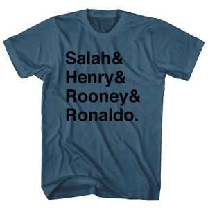 Salah, Henry, Rooney And Ronaldo English League Mount Rushmore Soccer Legends (Black Text) Adult Cotton T-shirt - Lake Blue Salah, Henry, Rooney And Ronaldo English League Mount Rushmore Soccer Legends (Black Text) Adult Cotton T-shirt - Lake Blue