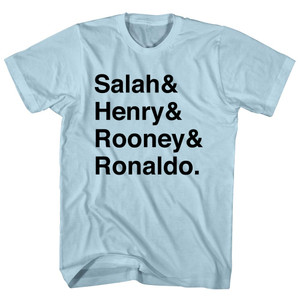 Salah, Henry, Rooney And Ronaldo English League Mount Rushmore Soccer Legends (Black Text) Adult Cotton T-shirt - Light Blue Salah, Henry, Rooney And Ronaldo English League Mount Rushmore Soccer Legends (Black Text) Adult Cotton T-shirt - Light Blue
