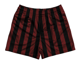 ADULT MEDIUM- Maroon Red & Black Vertical Stripe Rugby Gym Short 5 Inch Inseam With Pockets Made In USA- Final Sale ZT42