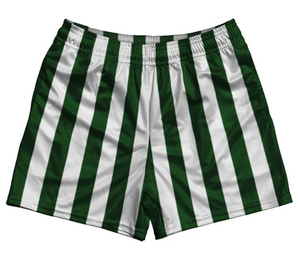 ADULT MEDIUM- Hunter Green & White Vertical Stripe Rugby Gym Short 5 Inch Inseam With Pockets Made In USA- Final Sale ZT42