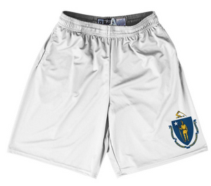ADULT LARGE- Massachusetts State Flag 9" Inseam Lacrosse Shorts Made In USA - White- Final Sale ZT981