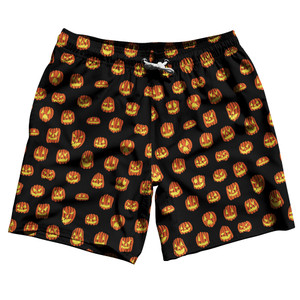 Scary Jack O Lanterns Carved Pumpkins All Over Print Pattern Swim Shorts 7" Made in USA - Black Scary Jack O Lanterns Carved Pumpkins All Over Print Pattern Swim Shorts 7" Made in USA - Black
