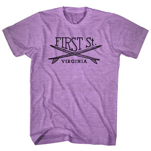 First St. Surf Break Crossed Surf Board Surfing Destination Adult Tri-Blend T-Shirt - Athletic Purple