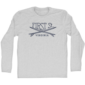 First St. Surf Break Crossed Surf Board Surfing Destination Adult Cotton Long Sleeve T-Shirt - Grey Heather