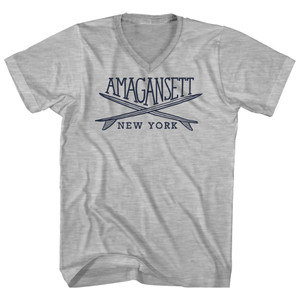 Amagansett Surf Break Crossed Surf Board Surfing Destination Adult Cotton V-Neck T-Shirt - Grey Heather