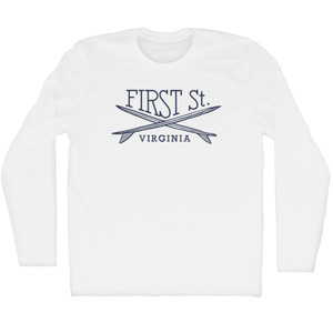 First St. Surf Break Crossed Surf Board Surfing Destination Adult Cotton Long Sleeve T-Shirt - White