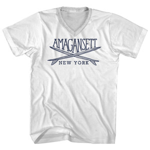 Amagansett Surf Break Crossed Surf Board Surfing Destination Adult Cotton V-Neck T-Shirt - White