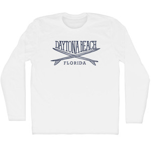 Daytona Beach Surf Break Crossed Surf Board Surfing Destination Adult Cotton Long Sleeve T-Shirt - White