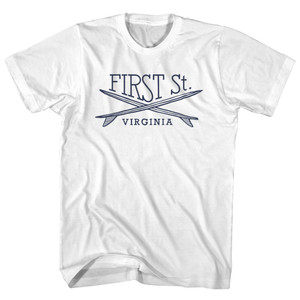 First St. Surf Break Crossed Surf Board Surfing Destination Womens Cotton Junior Cut T-Shirt - White
