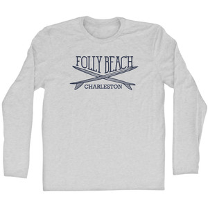 Folly Beach Surf Break Crossed Surf Board Surfing Destination Adult Cotton Long Sleeve T-Shirt - Grey Heather