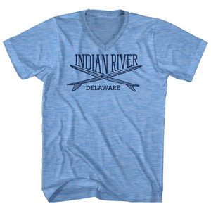 Indian River Surf Break Crossed Surf Board Surfing Destination Adult Tri-Blend V-Neck T-Shirt - Athletic Blue