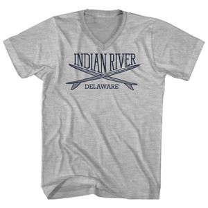 Indian River Surf Break Crossed Surf Board Surfing Destination Adult Cotton V-Neck T-Shirt - Grey Heather