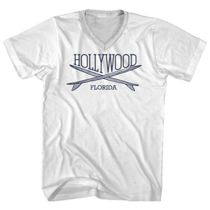 Hollywood Surf Break Crossed Surf Board Surfing Destination Adult Cotton V-Neck T-Shirt - White