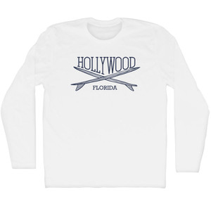 Hollywood Surf Break Crossed Surf Board Surfing Destination Adult Cotton Long Sleeve T-Shirt - White