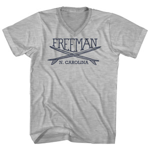 Freeman Surf Break Crossed Surf Board Surfing Destination Adult Cotton V-Neck T-Shirt - Grey Heather