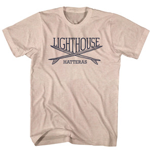 Lighthouse Surf Break Crossed Surf Board Surfing Destination Adult Tri-Blend T-Shirt - Sand