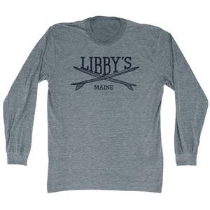 Libbys Surf Break Crossed Surf Board Surfing Destination Adult Tri-Blend Long Sleeve T-Shirt - Athletic Grey