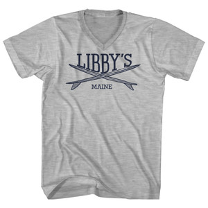 Libbys Surf Break Crossed Surf Board Surfing Destination Adult Cotton V-Neck T-Shirt - Grey Heather