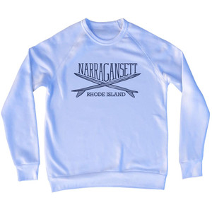 Narragansett Surf Break Crossed Surf Board Surfing Destination Adult Tri-Blend Sweatshirt - White