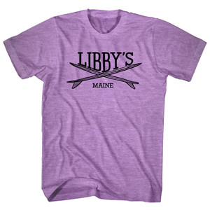 Libbys Surf Break Crossed Surf Board Surfing Destination Adult Tri-Blend T-Shirt - Athletic Purple