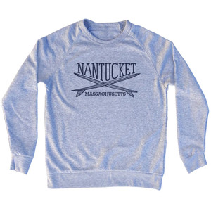 Nantucket Surf Break Crossed Surf Board Surfing Destination Adult Tri-Blend Sweatshirt - Grey Heather