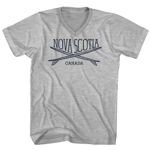 Nova Scottia Surf Break Crossed Surf Board Surfing Destination Adult Cotton V-Neck T-Shirt - Grey Heather