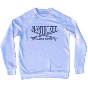 Nantucket Surf Break Crossed Surf Board Surfing Destination Adult Tri-Blend Sweatshirt - White