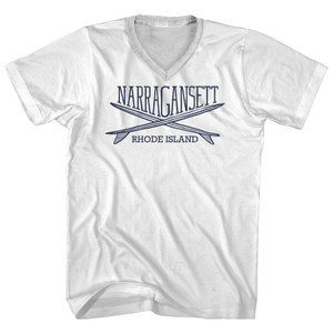Narragansett Surf Break Crossed Surf Board Surfing Destination Adult Cotton V-Neck T-Shirt - White