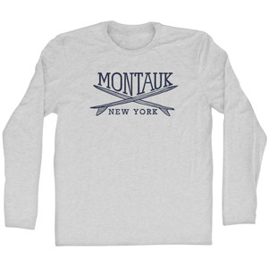 Montauk Surf Break Crossed Surf Board Surfing Destination Adult Cotton Long Sleeve T-Shirt - Grey Heather
