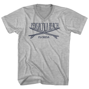 Pensacola Beach Surf Break Crossed Surf Board Surfing Destination Adult Cotton V-Neck T-Shirt - Grey Heather