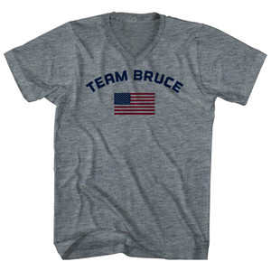 Team Bruce Over An American Flag Tri-Blend V-Neck Womens Junior Cut T-Shirt - Athletic Grey