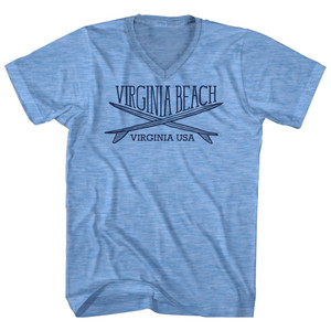 Virginia Beach Surf Break Crossed Surf Board Surfing Destination Adult Tri-Blend V-Neck T-Shirt - Athletic Blue