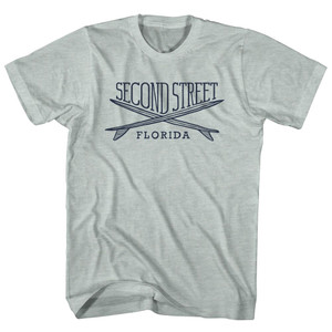 Second Street Surf Break Crossed Surf Board Surfing Destination Adult Tri-Blend T-Shirt - Athletic Cool Grey