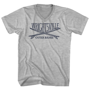 Wrightsville Surf Break Crossed Surf Board Surfing Destination Adult Cotton V-Neck T-Shirt - Grey Heather