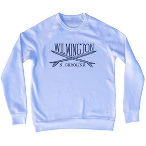 Wilmington Surf Break Crossed Surf Board Surfing Destination Adult Tri-Blend Sweatshirt - White