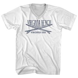 Virginia Beach Surf Break Crossed Surf Board Surfing Destination Adult Cotton V-Neck T-Shirt - White