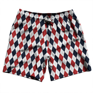 Argile Patterns Swim Shorts 7" Made in USA - Navy Blue Red Dark and White