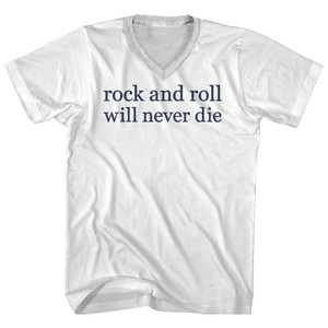 Rock and Roll Will Never Die Rage Font Adult Cotton V-neck T-shirt - White