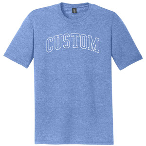 Custom Arched Ruckus Font Outline White Ink On Mens Tri-Blend DTG T-shirt - Denim Blue Heather