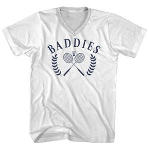 Baddies Crossed Badminton Rackets and Shuttle Cock Adult Cotton V-neck T-shirt - White